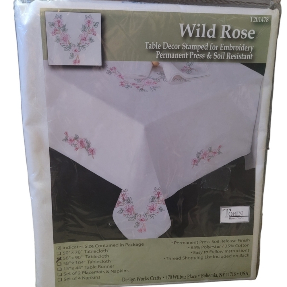 Tobin T201478 Wild Rose 58"x90" Tablecloth Table Decor Stamped Embroidery NIP